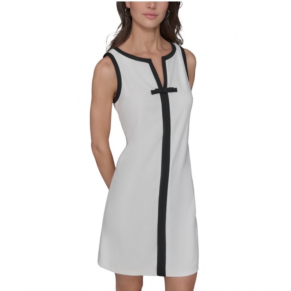 Karl Lagerfeld Paris Split V Neck Sleeveless Dress White Black Bow 14 LD4BCD24